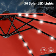 Sombrilla de mercado para exteriores de doble cara MAISON ARTS de 15 pies, rectangular, con manivela, luces LED solares y base incluida