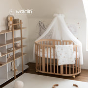 Cuna ovalada evolutiva Waldin, set completo 7 en 1, cuna de barrotes, cama infantil con colchón, cambiador, cuna colecho, madera blanca