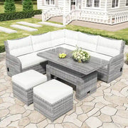 Conjunto de sofá seccional de ratán para exteriores con mesa ajustable y sillones reclinables