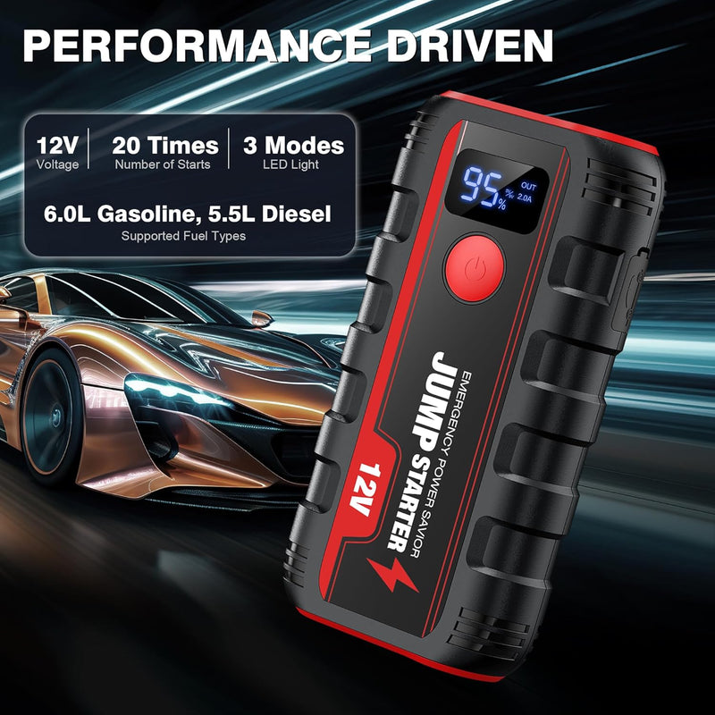 Arrancador de baterías para coche y moto - Arrancador portátil 12V 2000A para motores de gasolina de hasta 6.0L y diésel de hasta 5.5L con pinzas inteligentes y LED