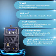 Equipo de soldadura de gas protector 3 en 1 STAHLWERK MTM-200 ST – equipamiento completo – TIG, MIG/MAG, MMA/electrodo hasta 200 A, alimentación de alambre sinérgica, accionamiento de 4 rodillos, apto para hilo relleno, acero, chapa fina