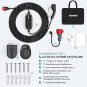 Wallbox portátil 11 kW con app, 400 V, 16 A, trifásica, cable de carga tipo 2 de 7,6 m, CEE, IP66, OLED, montaje mural para coches eléctricos