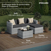 Set de muebles de jardín de ratán STEELSØN Zethora de 3 piezas – Conjunto de asientos para exterior para jardín/terraza/balcón – Salón de jardín con sofá de 3 plazas, taburete y mesa – Conjunto de muebles gris/antracita para 4 personas