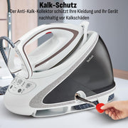 Centro de planchado Tefal Pro Express Ultimate, 7,7 bares, 155 g/min de vapor continuo, 500 g/min de golpe de vapor, 2600 vatios, colector de cal, plancha con centro de vapor, blanco/gris, GV9567