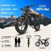 Bicicleta eléctrica OUXI Pro E-Bike Fatbike de 20 pulgadas, batería doble de 2x15Ah con autonomía de hasta 100km, motor de 250W y 60Nm, frenos de disco hidráulicos, suspensión completa, altavoz Bluetooth, portaequipajes delantero