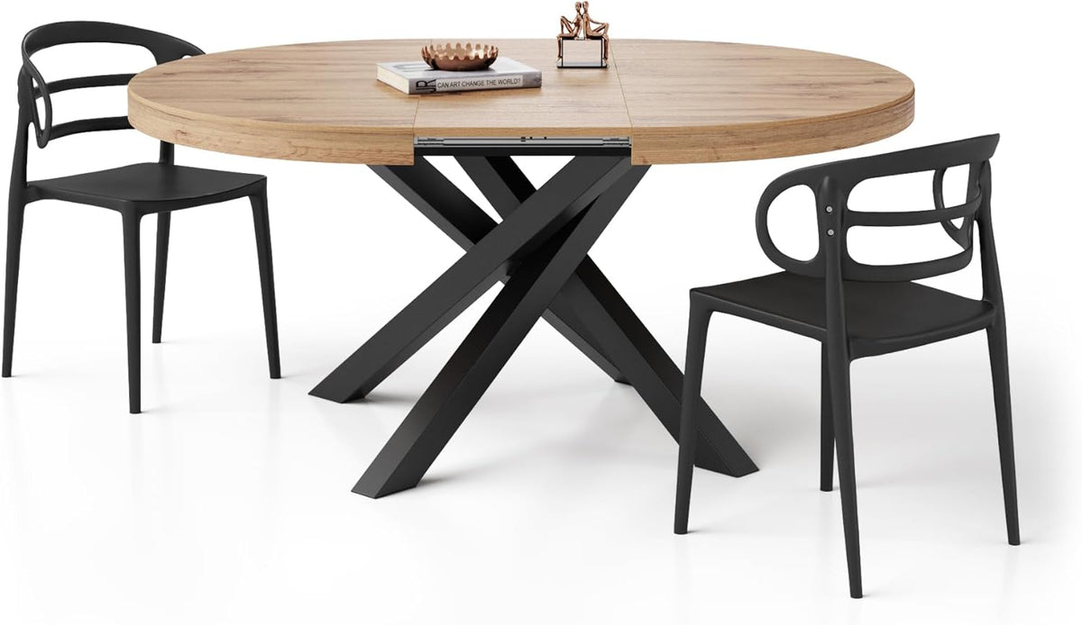 MOBILI FIVER, Mesa redonda extensible Emma, 120-160 cm, Roble rústico con patas cruzadas negras, Made in Italy