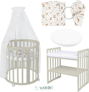 Cuna ovalada evolutiva Waldin, set completo 7 en 1, cuna de barrotes, cama infantil con colchón, cambiador, cuna colecho, madera blanca