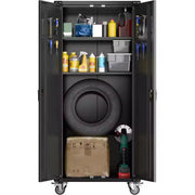 Gabinete de almacenamiento para garaje con ruedas y tablero perforado, armario de metal con cerradura de 72" de altura, 2 puertas y 4 estantes ajustables para taller de garaje