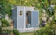 Caseta de jardín Keter Manor Pent 6x4 resistente a la intemperie, plástico, exterior, dimensiones exteriores: ancho x fondo x alto: 183,5 x 111 x 200,5 cm, dimensiones interiores: 168,5 x 97 x 154 cm, gris