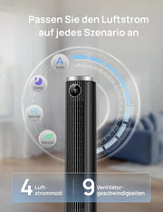 Ventilador de torre inteligente DREO 102–114 cm para dormitorio, altura ajustable, 8,4 m/s, motor CC, 9 velocidades, 4 modos, oscilación de 90°, ventilador de pie, 20 dB silencioso, temporizador de 12 h para el hogar y la oficina, Google/Alexa