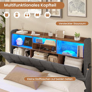 Cama tapizada AOGLLATI 140×200, cama hidráulica con almacenaje e iluminación LED, cama juvenil con puertos USB y tipo C, estructura de cama doble con listones de madera, tela de lino, sin colchón (Gris, 140x200 cm)