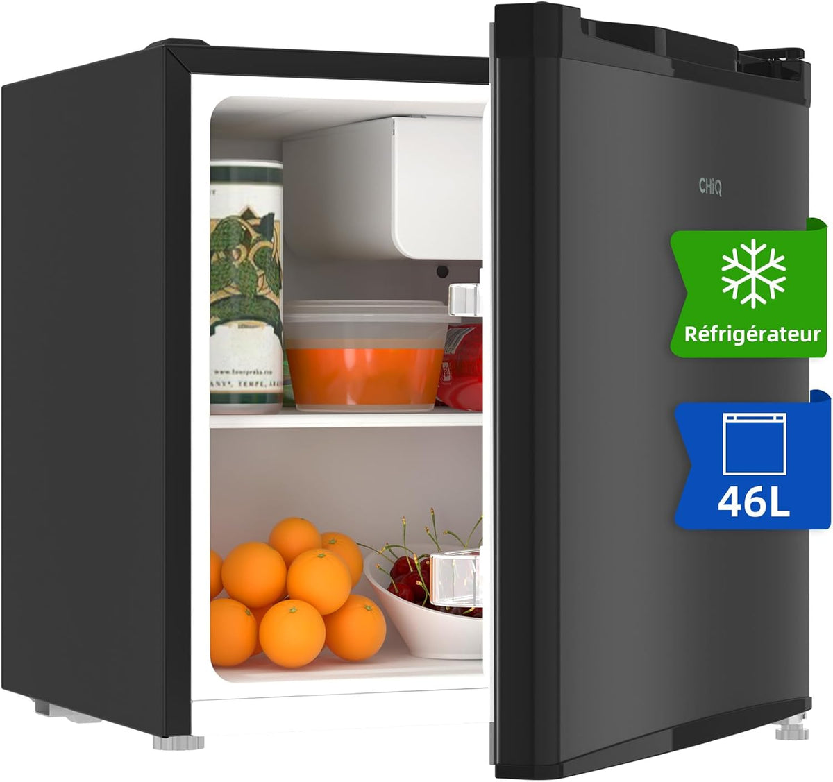 Mininevera CHIQ CSD46D4E de 46 L, 47 x 44,7 cm, compacta y silenciosa, botellero integrado, termostato regulable, diseño moderno en negro, ideal para dormitorio, oficina, cocina, salón