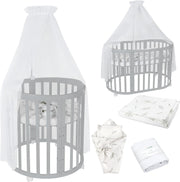 Cuna ovalada evolutiva Waldin, set completo 7 en 1, cuna de barrotes, cama infantil con colchón, cambiador, cuna colecho, madera blanca