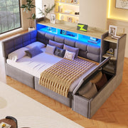 Cama nido, sofá cama, 90 × 190 cm, con dos cajones, puertos USB y tipo C, compartimento de almacenamiento, banco de almacenaje a los pies de la cama, tira de luz LED, sin colchón, terciopelo, gris oscuro
