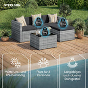 Set de muebles de jardín de ratán STEELSØN Zethora de 3 piezas – Conjunto de asientos para exterior para jardín/terraza/balcón – Salón de jardín con sofá de 3 plazas, taburete y mesa – Conjunto de muebles gris/antracita para 4 personas