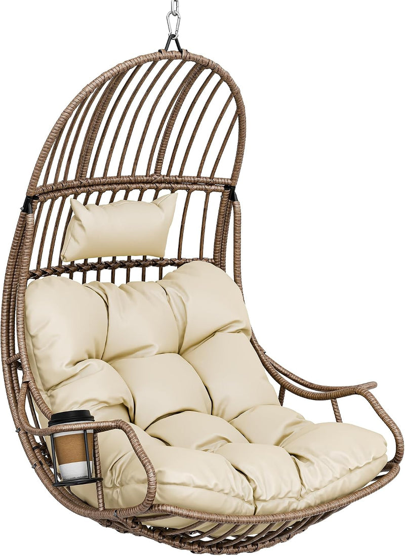 YITAHOME Silla colgante tipo huevo con capacidad de carga de 150 kg, sillón mecedor de ratán con cojín y portavasos, silla colgante para jardín, patio, balcón, salón, beige