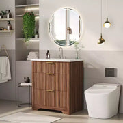 Conjunto de tocador de baño moderno estriado con lavabo de cerámica integrado, mueble de baño independiente con 3 cajones para baño contemporáneo