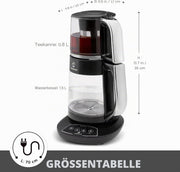 Máquina de té Karaca Caysever, acero, cromo 1700 W, libre de BPA, capacidad de tetera de cristal de 0,8 L, capacidad del depósito de agua de 1,5 L, preparación de agua