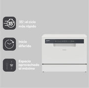 Candy CP 6E51LW Lavavajillas pequeño y compacto, 6 servicios, digital, 51 dBA, 5 ciclos, media carga, inicio diferido 3-6-9 horas, indicador de sal y abrillantador, indicador de fin de ciclo, blanco