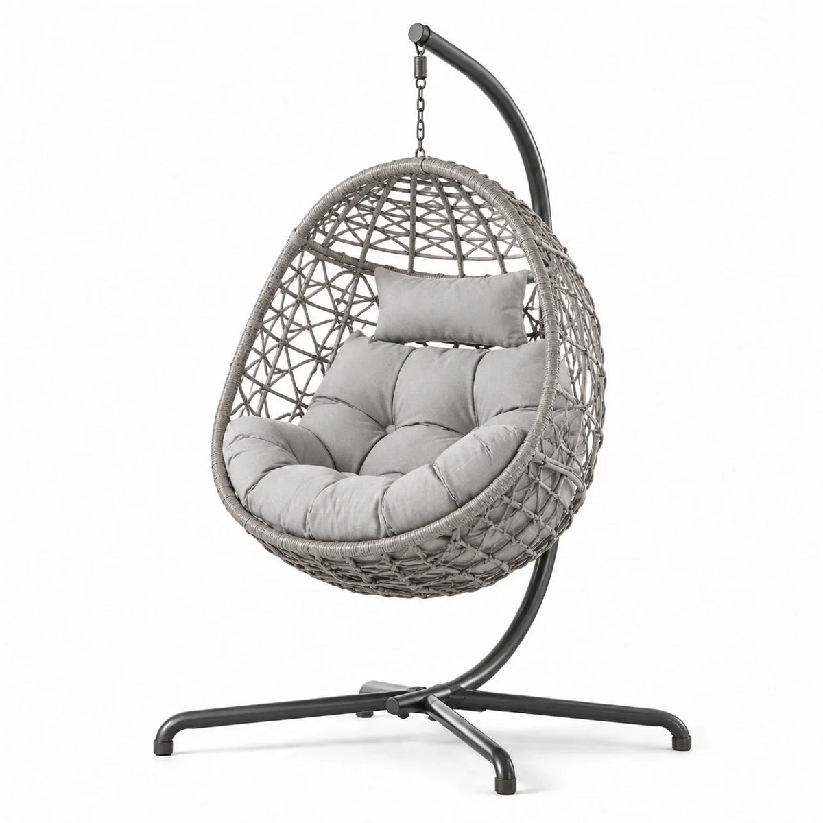 Sillón colgante de acero y ratán PE con cojín de poliéster, gris