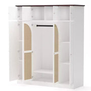 Armario ropero de gran capacidad de 8 puertas con barra para colgar, estantes ajustables y puertas decorativas de ratán, 70.87" de alto