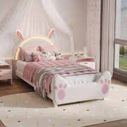 Cama tapizada infantil 90x200 con iluminación LED, estructura de cama individual con somier, cama de princesa para niña con cabecero en forma de conejo para dormitorio, tela de terciopelo, blanco (Blanco-C, 90x200 cm)