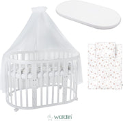 Cuna ovalada evolutiva Waldin, set completo 7 en 1, cuna de barrotes, cama infantil con colchón, cambiador, cuna colecho, madera blanca