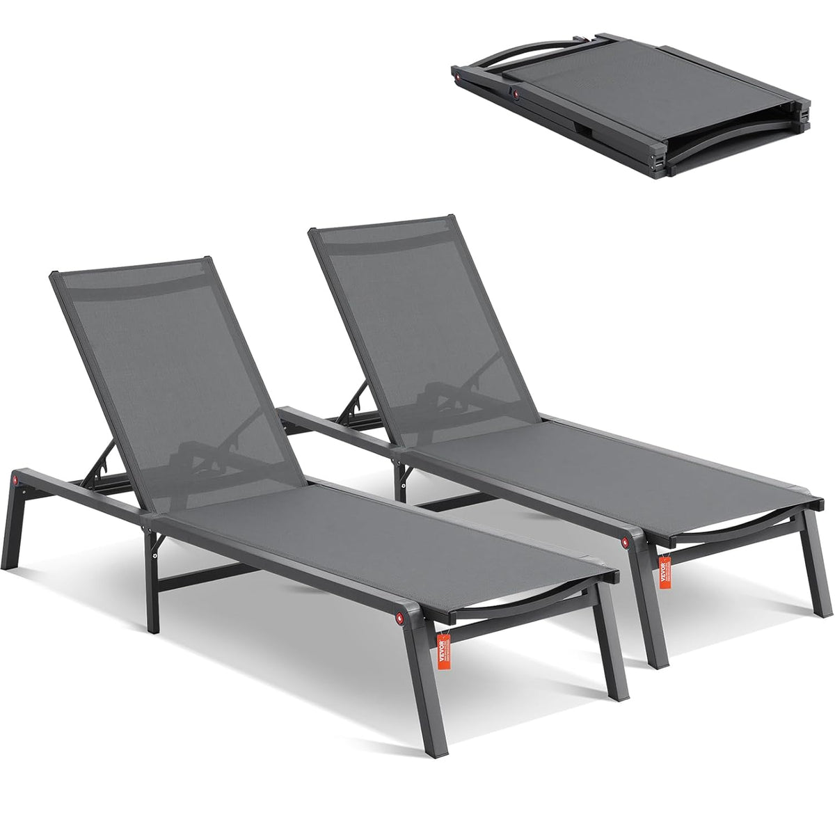 VEVOR Tumbona plegable, 182x60x88cm Sillas de playa de aluminio con 5 posiciones ajustables, tumbona de playa, sillas de descanso, tumbona de jardín, tumbona de relax, tumbona para terraza, playa, piscina, gris oscuro, 2 unidades
