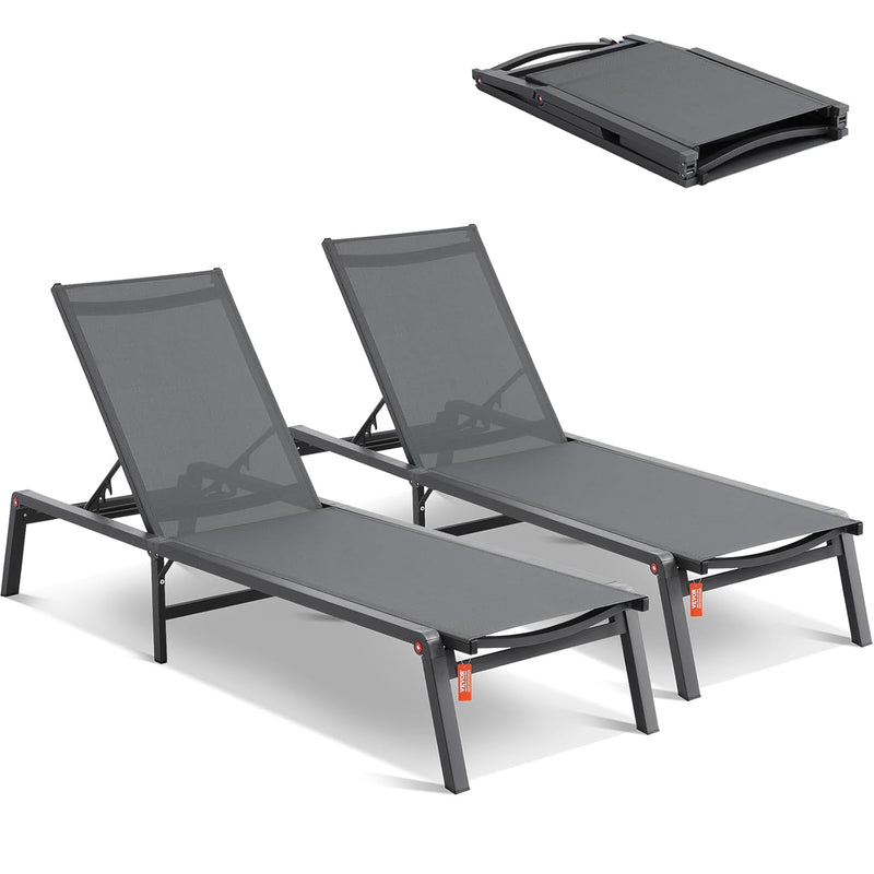 VEVOR Tumbona plegable, 182x60x88cm Sillas de playa de aluminio con 5 posiciones ajustables, tumbona de playa, sillas de descanso, tumbona de jardín, tumbona de relax, tumbona para terraza, playa, piscina, gris oscuro, 2 unidades