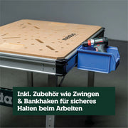 Mesa multifunción Metabo MWB 100, banco de trabajo plegable, caballete móvil, 120 kg, incl. 2 sargentos y 4 topes de banco
