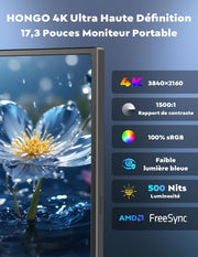 Monitor portátil HONGO 4K, pantalla portátil para portátil de 17.3" 3840x2160 IPS con 100% sRGB, monitor externo para portátil, PC, Mac, Switch, segunda pantalla portátil USB C