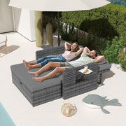 Amopatio Set de salón de jardín de ratán, sofá de jardín de 2 plazas con respaldo ajustable y espacio de almacenamiento, muebles de salón resistentes a la intemperie para balcón y terraza, con taburete y cojines, gris