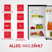 Frigorífico de una puerta Amica de libre instalación, 85x47,5x44,5 cm, 90 L, compresor inverter, iluminación LED, cajón para verduras, estantes en la puerta, AVK 3510 SW - Negro