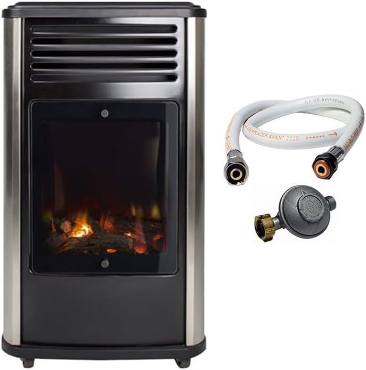 UNIVERSAL - Estufa de gas 3.4 kW negra efecto estufa de leña Manhattan Calefacción auxiliar + Manguera de gas + Regulador de butano