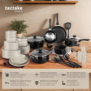 tectake® Set de cocina de 45 piezas, vajilla para 6 personas y batería de cocina, sartenes, ollas, platos llanos, platos hondos, cuencos, tazas, cucharón, espátula, vajilla de gres