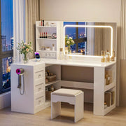 Tocador YOUDENOVA con iluminación LED, espejo grande y enchufes, tocadores con 3 cajones y 3 estantes, 4 compartimentos inferiores, tocador esquinero en forma de L, 120x80x136cm, blanco