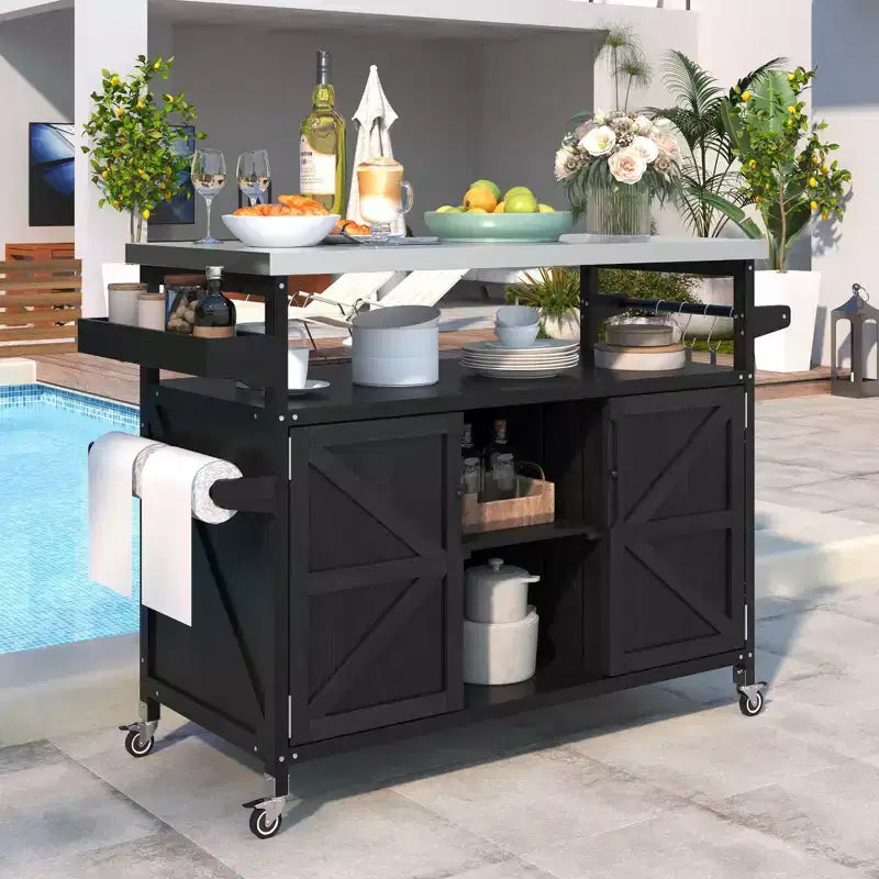 Isla de cocina para exteriores con cubierta de acero inoxidable, carrito de cocina de madera con puertas, estantes y especiero, isla de cocina con ruedas
