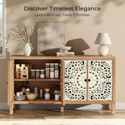 Aparador con almacenamiento, gabinete de almacenamiento con acabado desgastado, 4 puertas talladas y estante ajustable, mueble buffet de madera decorativo