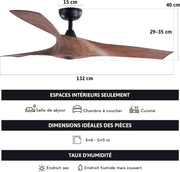 VONLUCE Ventilador de Techo Ø132CM 52 Pulgadas 3 Aspas sin Luz con Mando a Distancia Motor DC Silencioso Reversible 6 Velocidades para Dormitorio Patios Salón Granja, Nogal