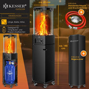 KESSER® Calentador de gas 4/8 kW, encendido piezoeléctrico + regulador de presión de gas + funda, ruedas 360°, protección antivuelco, estufa de terraza, calentador de gas para exteriores, chimenea móvil, calefactor, negro