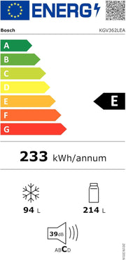 Frigorífico combi Bosch KGN36NWEA Serie 2, 186 x 60 cm, 215 L de refrigeración y 87 L de congelación, NoFrost: nunca más tendrá que descongelar, iluminación LED para una distribución uniforme de la luz