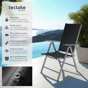 tectake® Set de 4 sillas de jardín de aluminio, silla plegable con respaldo ajustable en 7 posiciones, silla de respaldo alto con reposabrazos, juego de muebles de jardín con 4 sillas, para jardín, balcón, terraza, camping, antracita
