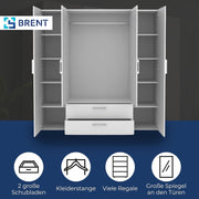 Brent - Armario con espejo, armario ropero (AnxAlxPr) 200x200x60 cm, armario con puertas, armario de dormitorio con estantes - Blanco