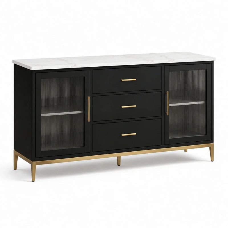 Aparador de madera MDF con puertas de cristal acanalado y encimera de mármol de Carrara negro 150x40x85cm