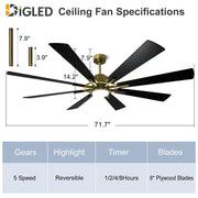 Ventilador de techo con luz, control remoto y 8 aspas grandes de madera