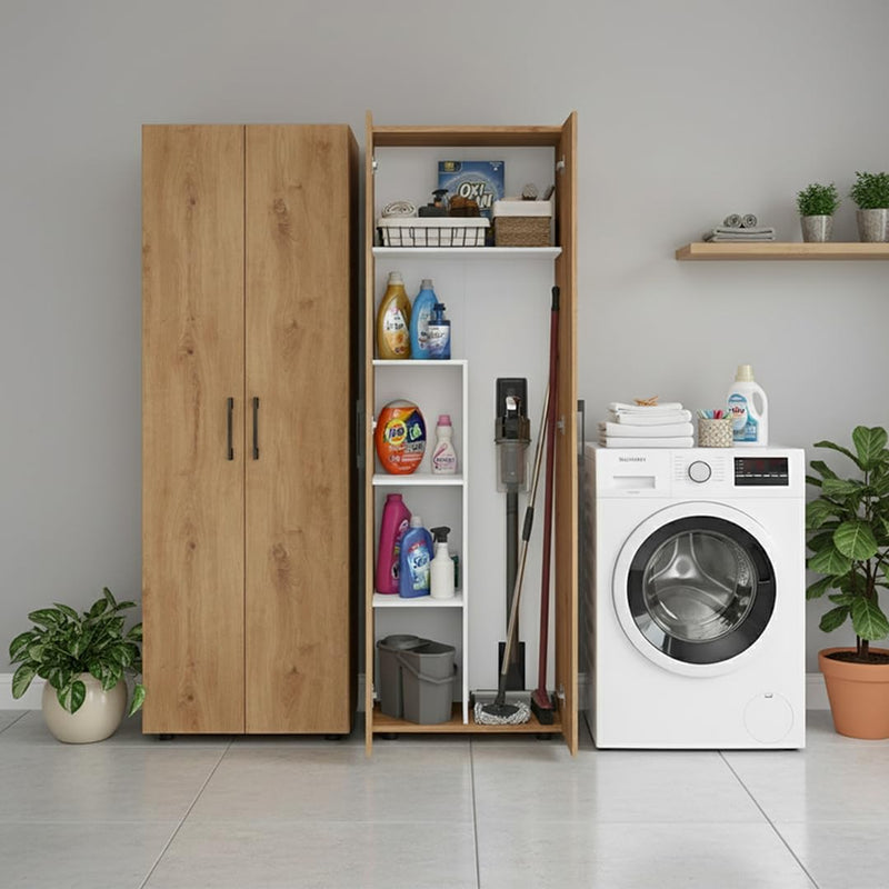 Armario escobero Bellamio Apol - Armario multiusos con aspecto de roble - Armario despensa con compartimento para aspiradora - Armario de limpieza de madera - Mueble de pasillo con almacenaje - Armario para el hogar - Armario multiusos 176x33x60 cm
