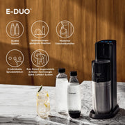 SodaStream máquina de agua con gas eléctrica E-DUO con cilindro de CO2 Quick-Connect | incl. 1 botella de vidrio de 1L y 2 botellas de plástico FUSE de 1L (aptas para lavavajillas) | Color: Titanio