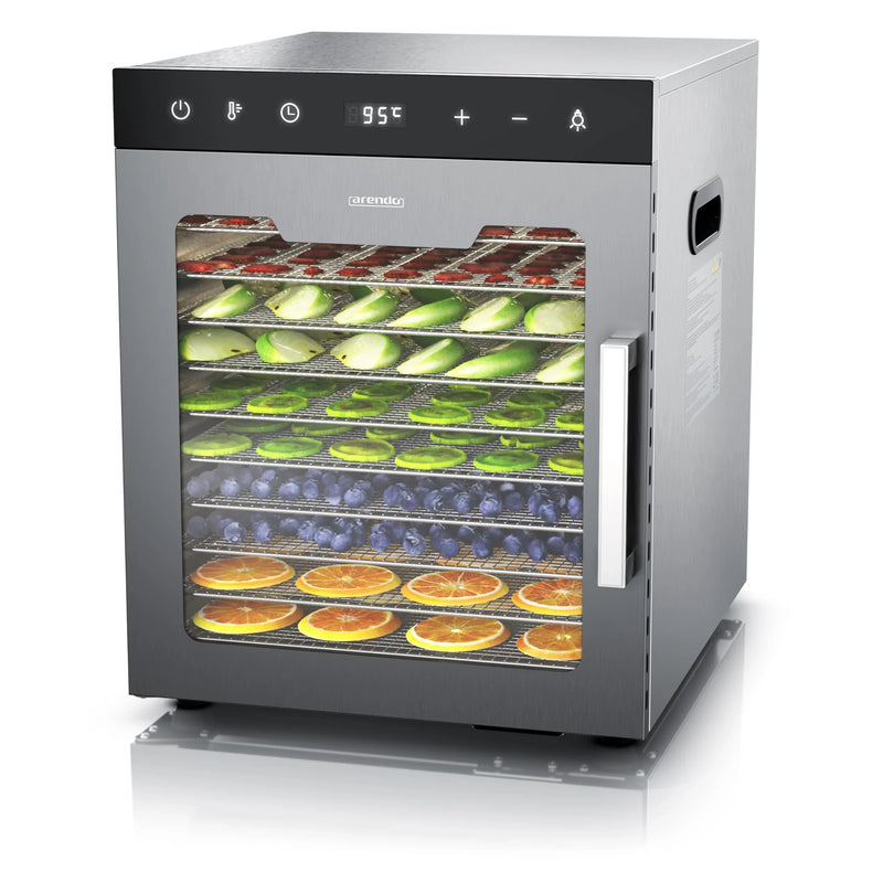Deshidratador de alimentos de acero inoxidable Arendo, 10 rejillas de acero inoxidable, 800 W, 35-85 °C, 8400 cm², para fruta, carne, setas y mucho más.