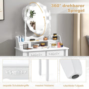 Tocador COSTWAY con iluminación LED, brillo  ajustable, mesa de maquillaje con 4 cajones, taburete y espejo giratorio de 360°, mesa de cosméticos para dormitorio (blanco)