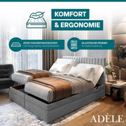 Cama boxspring TRADA ADÈLE 140x200 cm - cama eléctrica con colchón, sobrecolchón y arcón - tapizado de terciopelo - Gris claro